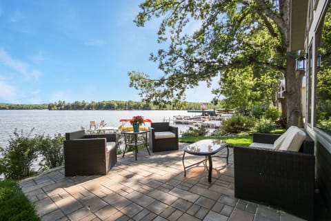 Patio sits right next to the lake.