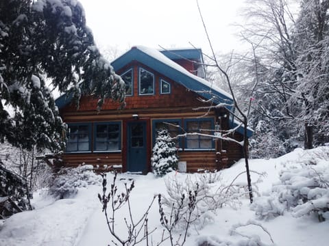 The Lazy Cabin is snug and cozy in the peaceful winter snow.