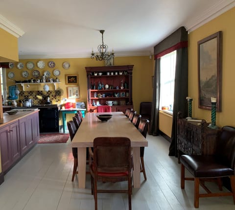 The dining table has seating for 12