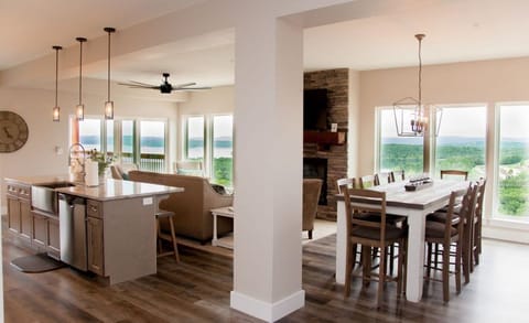 Open living, kitchen, and dining