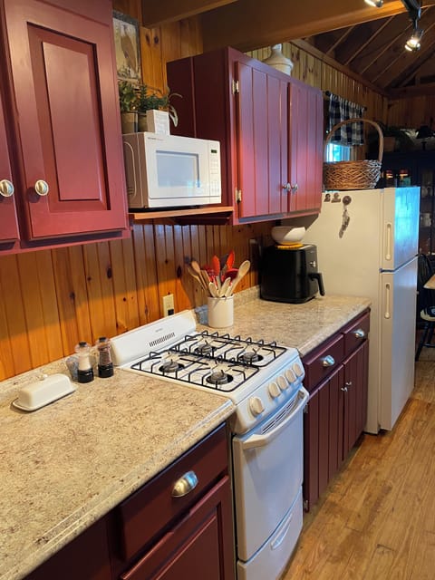 Gas cooker, refrigerator,  and air fryer. Plenty of pots & pans and utensils.