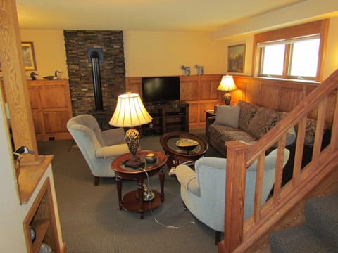 Living Room:  Remodeled in 2011.  Custom furniture, propane potbelly stove. 