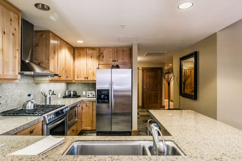 Chef's kitchen with hall leading down to bedroom and bathroom area.