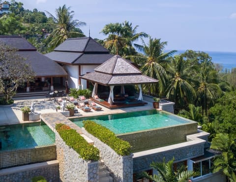 An aerial view showing part of  Villa Sanyanga, with Surin Beach just below