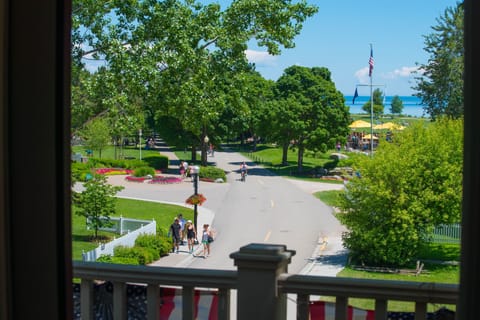 View from the back porch. The yellow umbrellas are at Mission Point's Bistro.