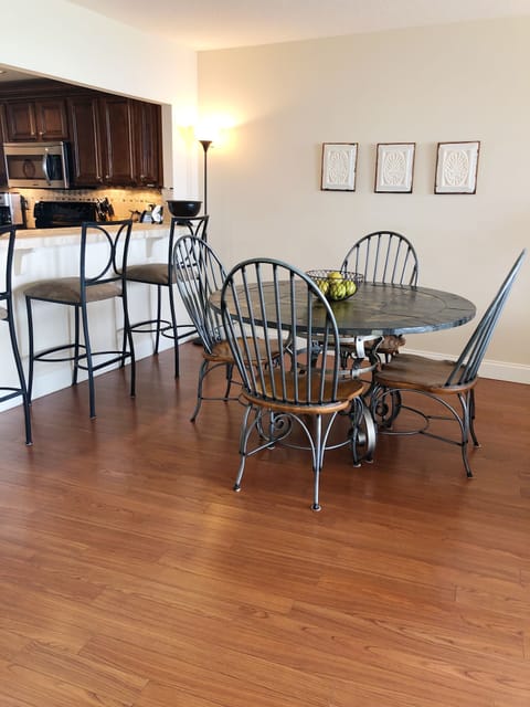 Spacious dining area with ocean views.