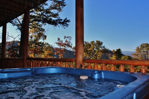 Hot tub located on lower deck provides privacy yet allows mountain views.
