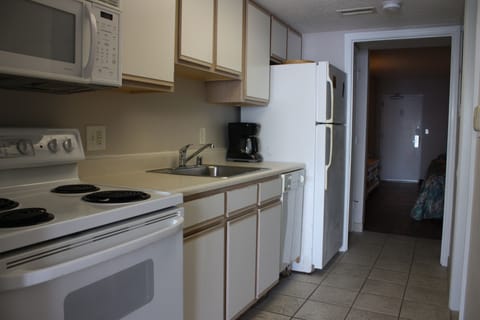 The kitchen, with dishwasher, opens into the bedroom and the living room. 
