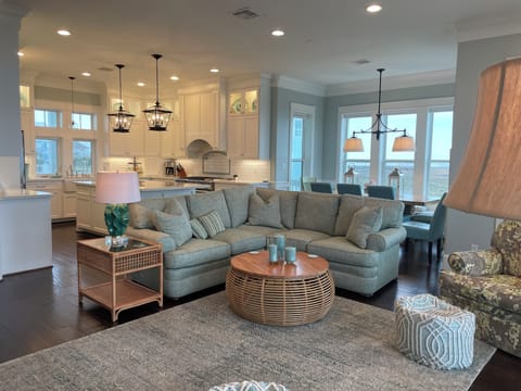 View from living area into kitchen and dining area