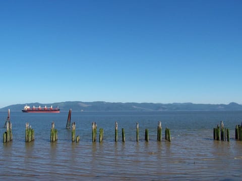 Ships traveling up river. view from sun porch.