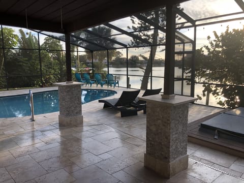 Water views abound in the backyard. View from the huge covered patio 