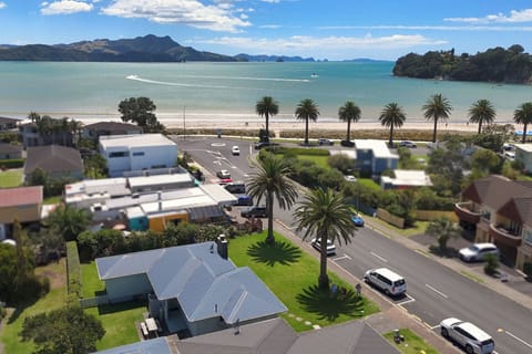 Aerial view of The Publican's holiday home. Steps from Buffalo Beach Whitianga.