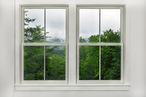 Foggy summer view from upstairs twin bedroom.
