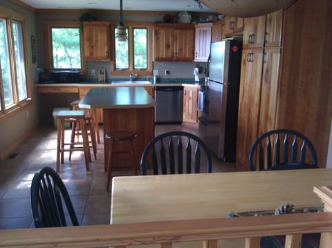 Kitchen and island, windows on left look down on to lake.