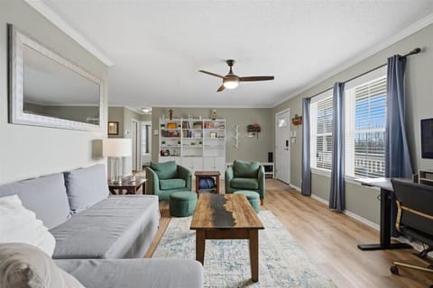 Comfortable living room with a pull-out couch and plenty. 