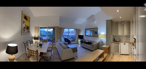 Panorama of the open-plan living area and kitchen