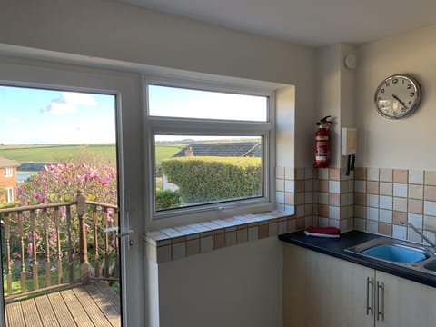 Kitchen with dishwasher and WM leading onto decked area and garden
