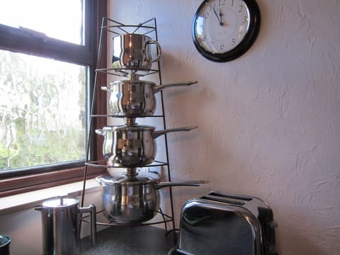 Stellas pans, matching toaster and insulated plunger coffee pot.