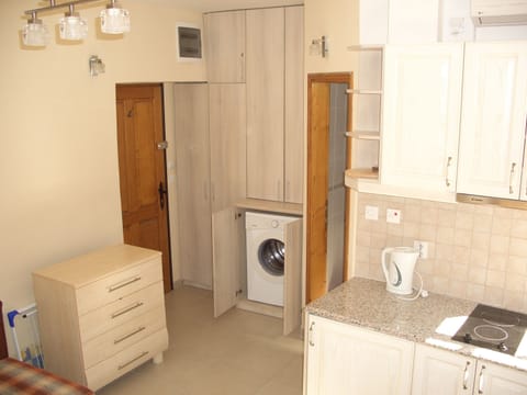 Looking from windows to kitchenette, wardrobe & front door- bathroom door centre