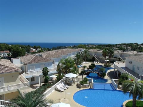 View across complex to sea beyond from  our terrace