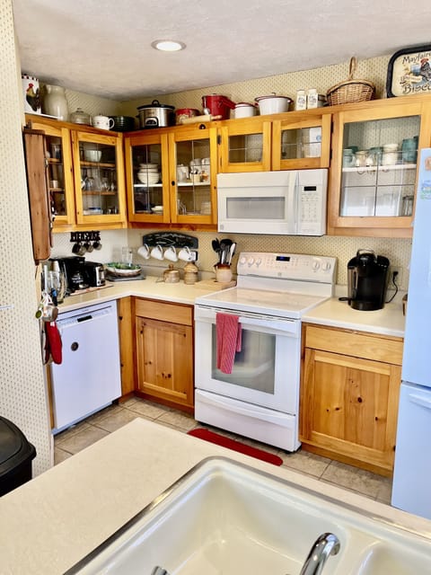 Kitchen has dishwasher, disposal, coffee makers, large refrigerator & icemaker.