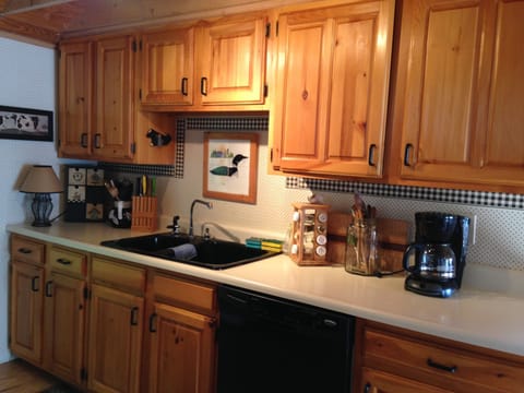 Kitchen with double sink, dishwasher, well stocked kitchen
