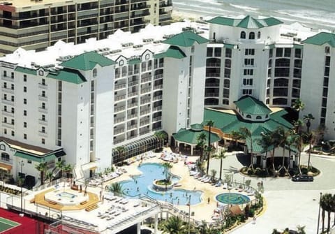 Resort view, ocean view bldg on left oceanfront in back  freeform pool, hot tub