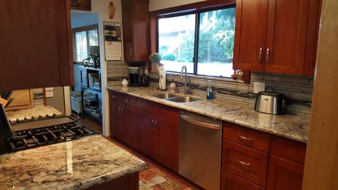 Dishwasher, gas stove, stainless steel appliances