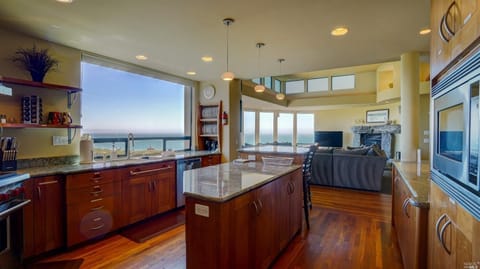 The kitchen window offers an expansive view of the Pacific Ocean and Bodega Hea