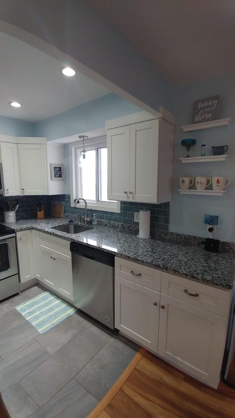 updated kitchen with stainless steel appliances and view of the lake.