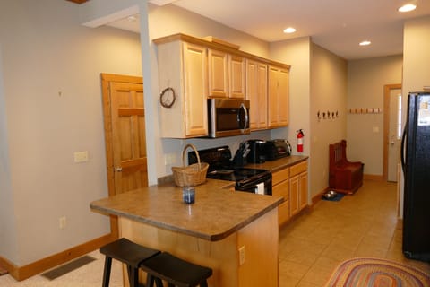 Offers bar seating and a Keurig coffee machine