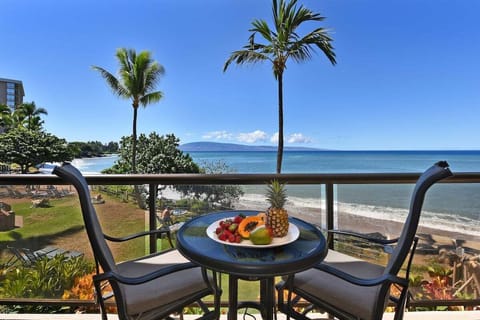 Balcony with round table and tropical fruit plate, ocean horizon and palms stretching beyond.