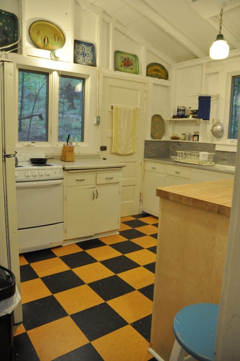Looking into the kitchen from the dining area.