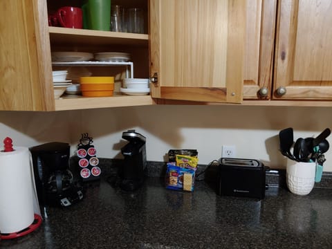 Regular 5 cup coffee maker and small K-cup maker, toaster