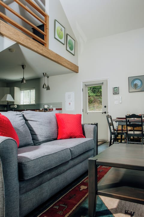 Cozy sofa bed in living room, looking back to entry door and kitchen