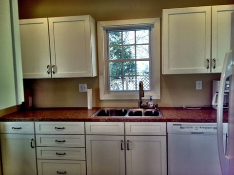 Kitchen looks to back yard.