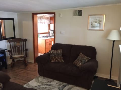 Living room viewed from interior door to windowed screened porch.