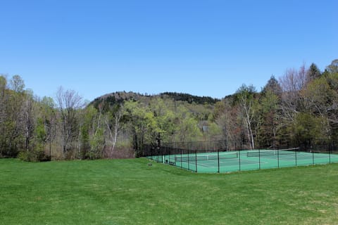Large central lawn for ball play and mixed use courts for tennis and basketball.