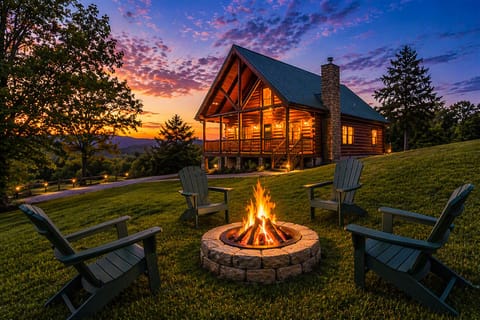 Blazing firepit with four Adirondack chairs, perfect for relaxing and enjoying peaceful Smoky Mountain nights