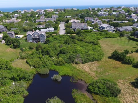 Aerial house view from abutting pond/conservation land with N. Sound in rear 