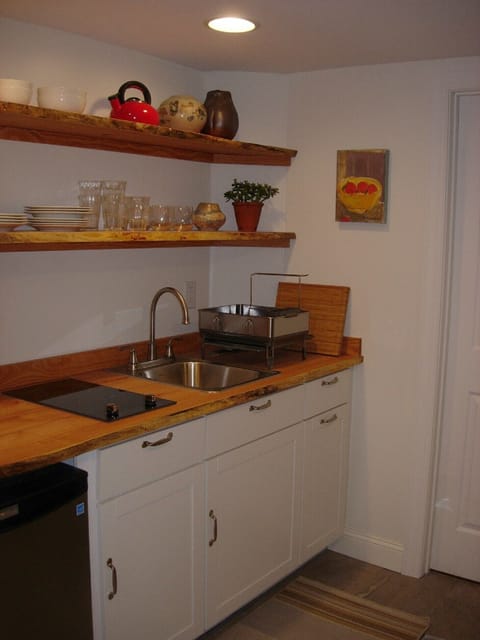 A variety of cookware stored below the two-top burner stove