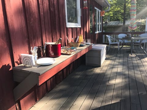 A long buffet table for outside dining.