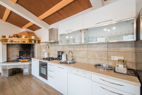 Fully equipped kitchen and a traditional Istrian fireplace