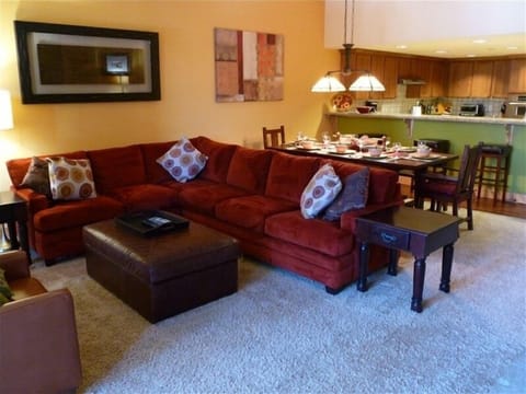 Queen sized sleeper sofa in front of fireplace and flat-screen TV.