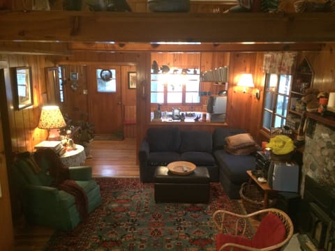 Cozy lofted knotty pine great room with twin size pull-out.