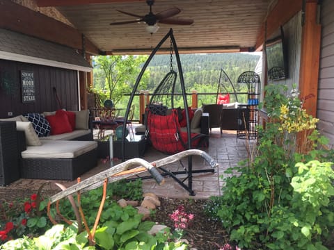 Patio has a covered area for shade and adverse weather. Both sun and shade!!!