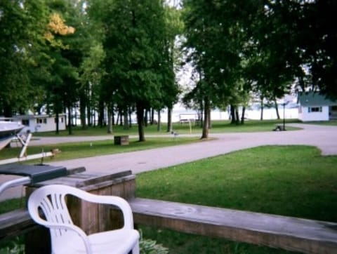 View from deck across common area to lake