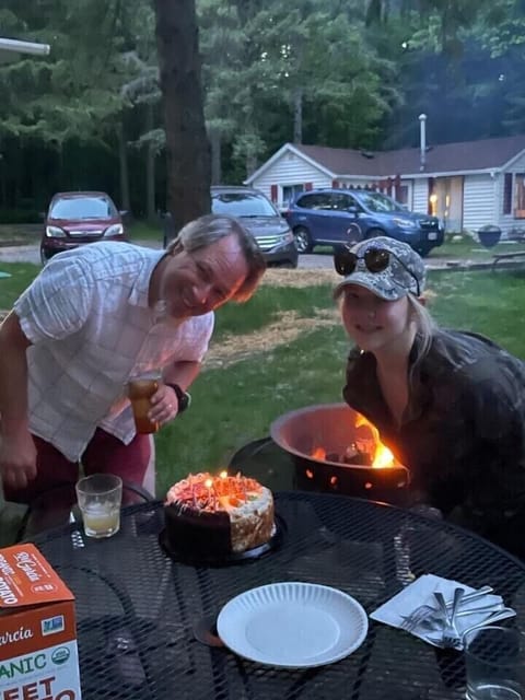 Family birthday celebrations by the fire pit