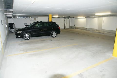 Garage with car park on the basement level of the chalet