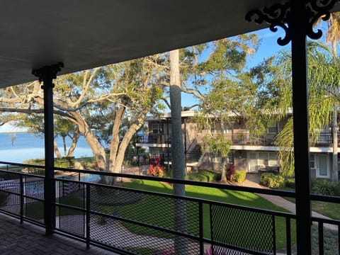 View of courtyard and St. Joseph sound from balcony.